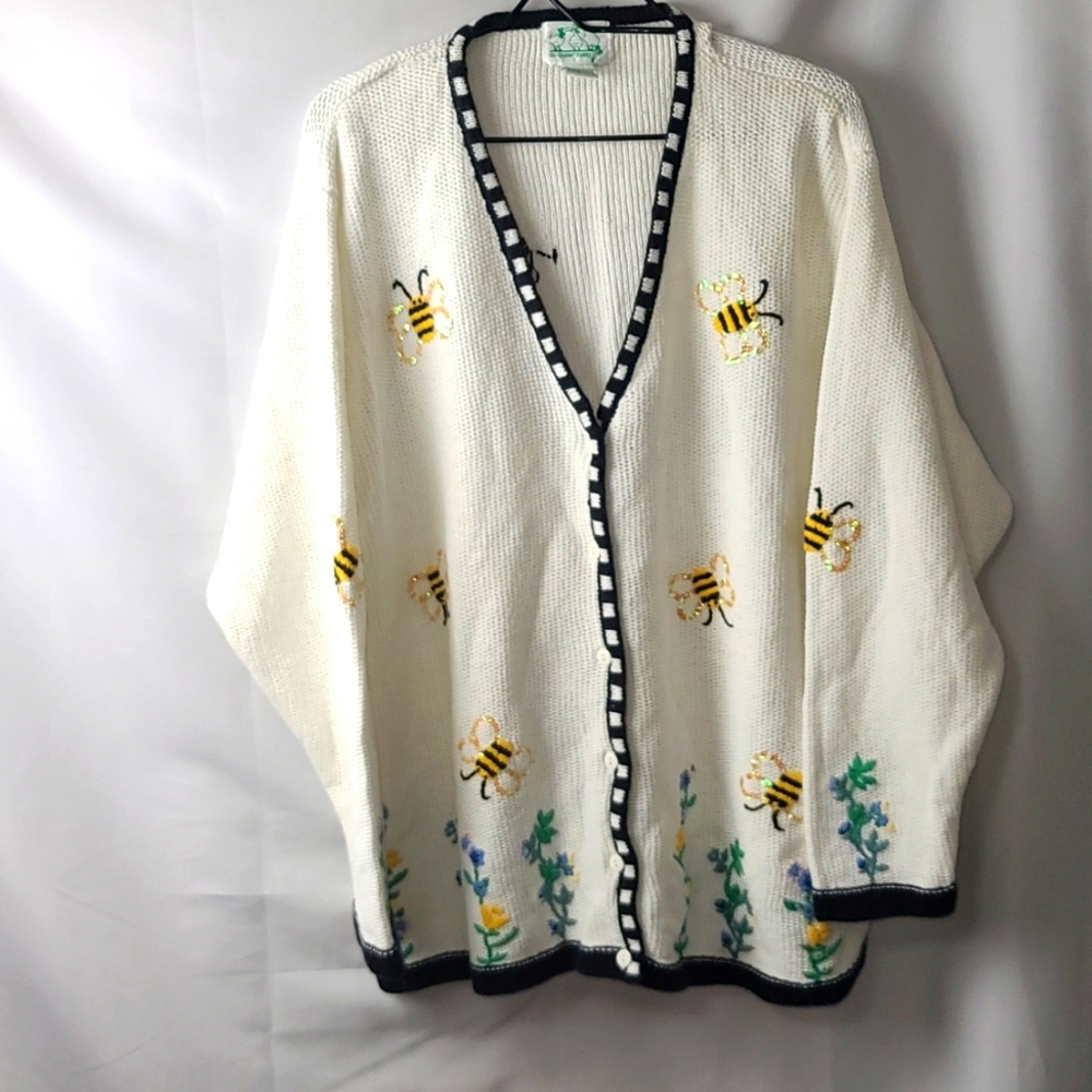 Quacker Factory Black and White Cardigan with Embroidered Details